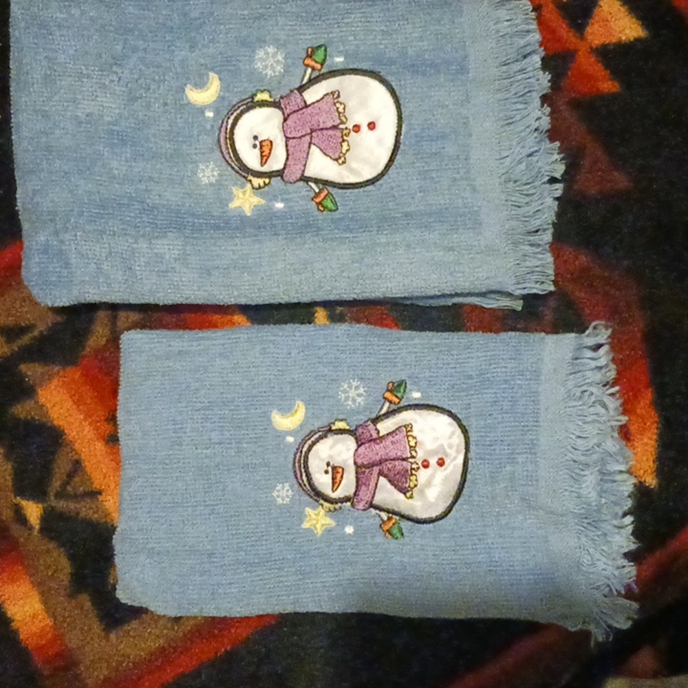 2 Cute Snowman Christmas Hand Towels.
